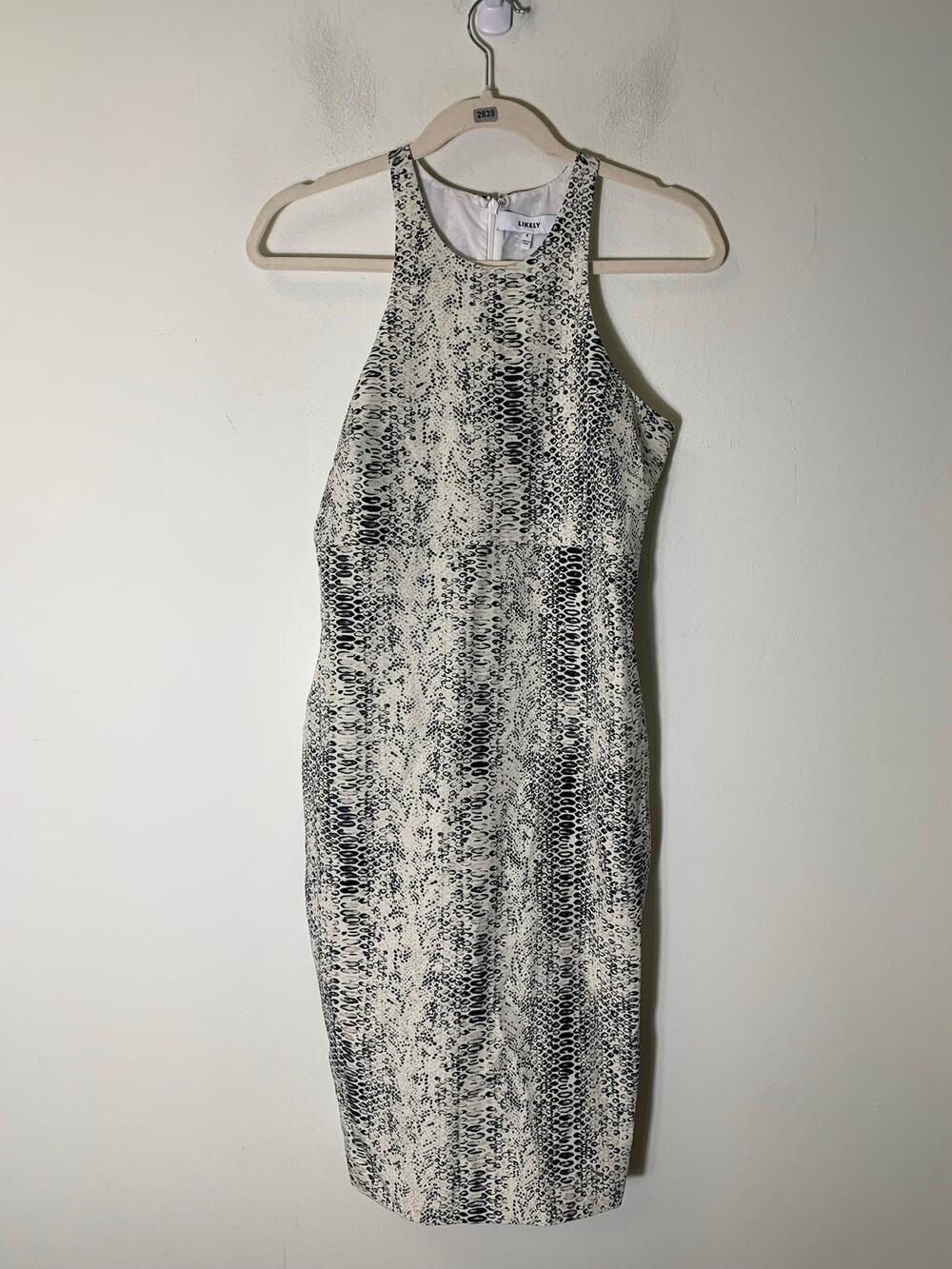 Likely Black White Snake Print Sleeveless Midi Sheath Dress Sz 4